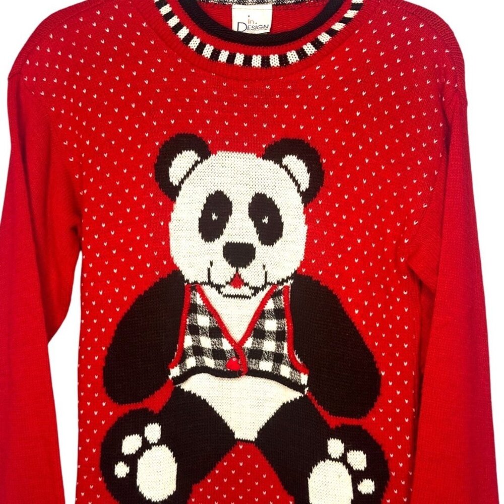 Vintage In Design Red Knit Sweater With Panda Graphic & Checkered Vest